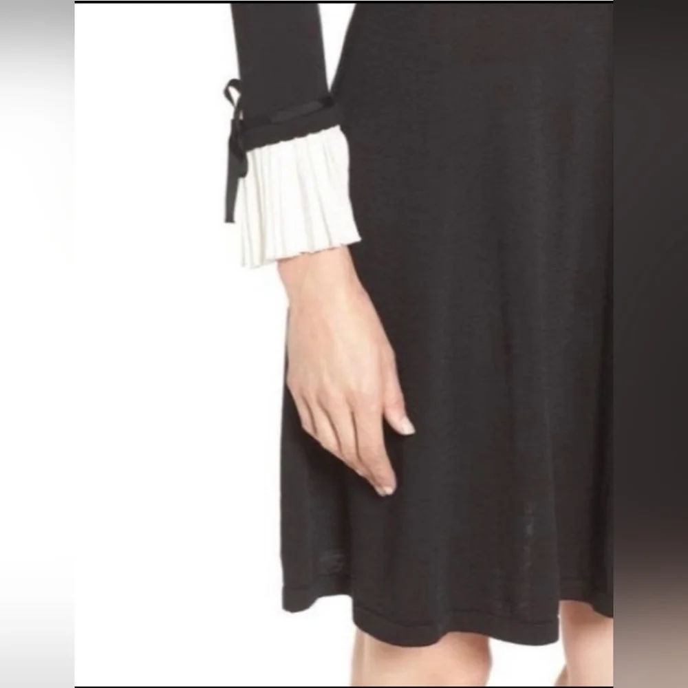 CeCe Womens XL Black Sweater Dress White Pleated Cuffs‎ Mockneck Preppy Casual